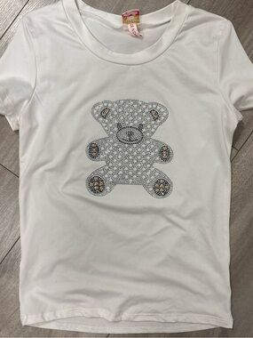 White Short-Sleeve Kids Tee with Rhinestone Teddy Design